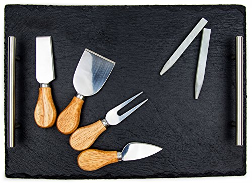 Slate Cheese Board Set - Deluxe Cheese Serving Tray with Stainless Steel Handles - Includes 4 Cheese Knives and 2 Soapstone Chalks - Great for Home & Restaurant Cheese Tapas & Appetizers Serving