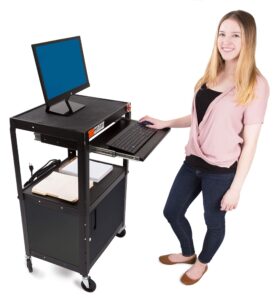 line leader av cart with locking cabinet | height adjustable utility cart with extra storage | power strip and cord management | great for presentations (black / 24 x 18)