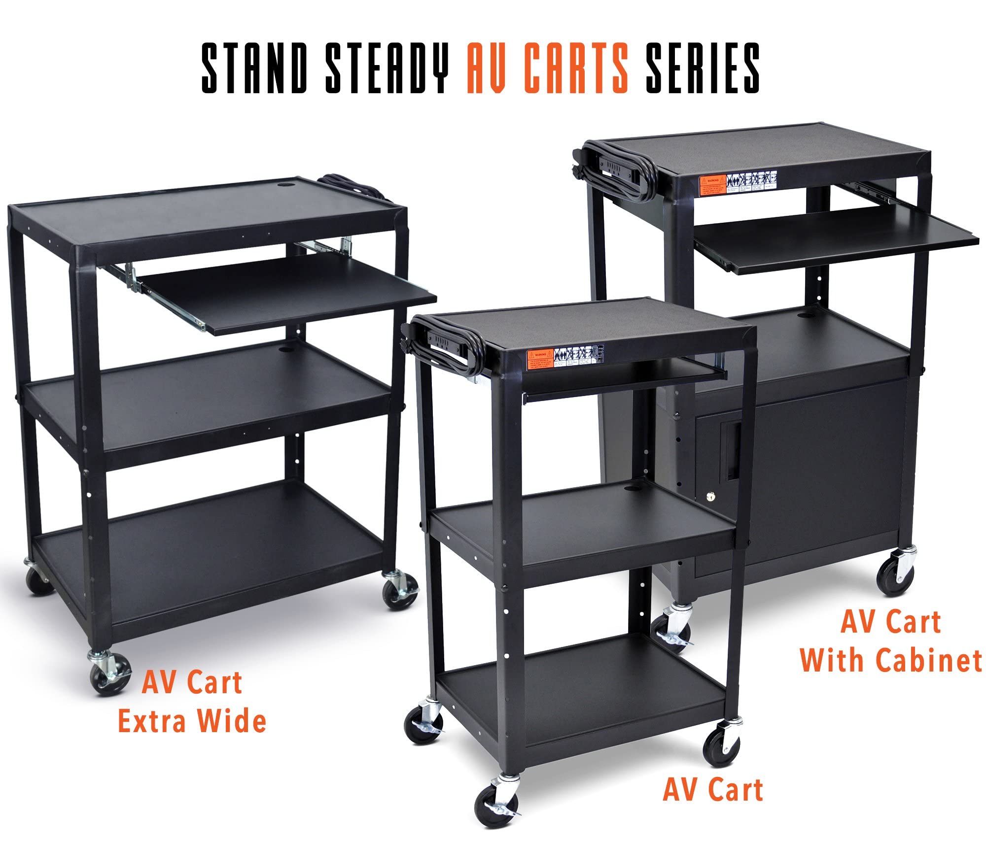Line Leader AV Cart with Locking Cabinet | Height Adjustable Utility Cart with Extra Storage | Power Strip and Cord Management | Great for Presentations (Black / 24 x 18)