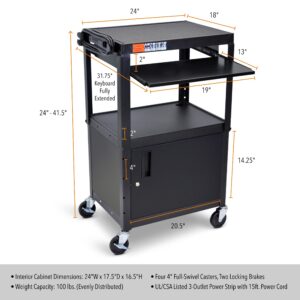 Line Leader AV Cart with Locking Cabinet | Height Adjustable Utility Cart with Extra Storage | Power Strip and Cord Management | Great for Presentations (Black / 24 x 18)