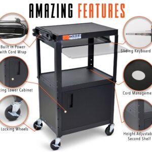 Line Leader AV Cart with Locking Cabinet | Height Adjustable Utility Cart with Extra Storage | Power Strip and Cord Management | Great for Presentations (Black / 24 x 18)