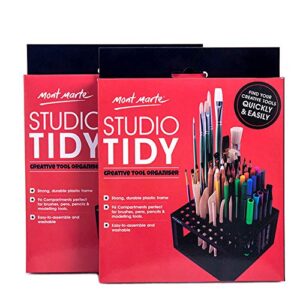 mont marte studio tidy 2 pack. 96 hole plastic pencil & brush holder for paint brushes, pencils, markers, pens and modeling tools. provides excellent art studio organization.