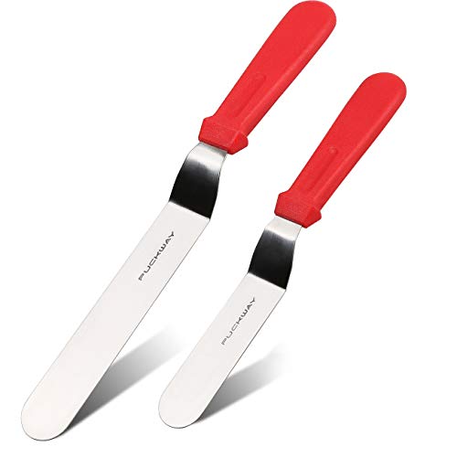 PUCKWAY Angled Icing Spatula, Stainless Steel Offset Spatula, Cake Spatula Set of 2 Red 6" & 8"