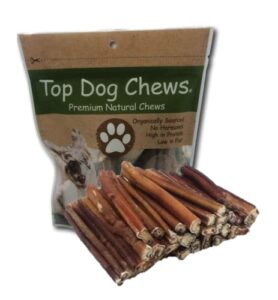 top dog chews - thick 6 inch bully sticks, 100% natural beef, free range, grass fed, high protein, supports dental health & easily digestible, dog treat for small, medium & large dogs, 12 pack