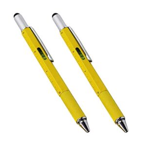 multi-word 6 in 1 multi function tool ballpoint pen with ballpoint, ruler, screwdriver, a flat head, touch-screen pen, levelgauge (2pcs yellow)