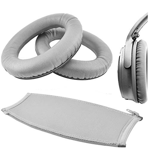 Geekria Headphone Replacement for Bose QuietComfort QC35, QC25, QC2, QC15 Replacement Ear Pad and Headband Pad/Ear Cushion + Headband Cushion/Repair Parts Suit (Grey Silver)