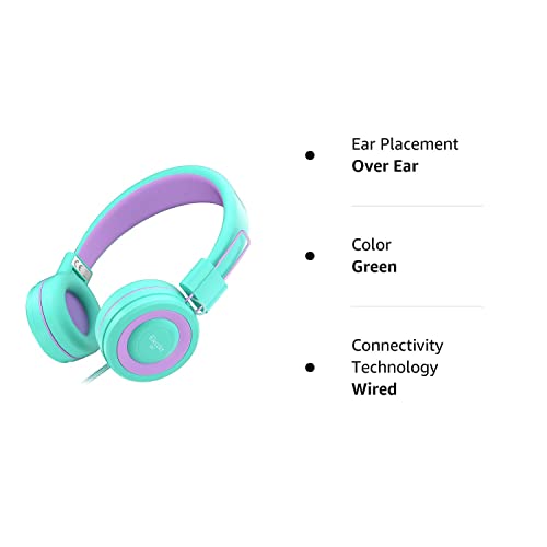 ELECDER i37 Kids Headphones Children Girls Boys Teens Foldable Adjustable On Ear Headphones 3.5mm Jack Compatible Cellphones Computer MP3/4 Kindle School Tablet Green/Purple