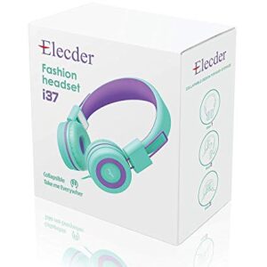 ELECDER i37 Kids Headphones Children Girls Boys Teens Foldable Adjustable On Ear Headphones 3.5mm Jack Compatible Cellphones Computer MP3/4 Kindle School Tablet Green/Purple