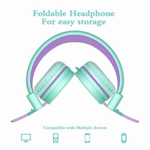 ELECDER i37 Kids Headphones Children Girls Boys Teens Foldable Adjustable On Ear Headphones 3.5mm Jack Compatible Cellphones Computer MP3/4 Kindle School Tablet Green/Purple