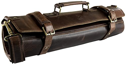 RUSTIC TOWN Leather Knife Roll Storage Bag | Elastic and Expandable 11 Pockets with Tool Pouch | Adjustable/Detachable Shoulder Strap | Travel-Friendly Chef Knife Case Roll (Walnut Brown)