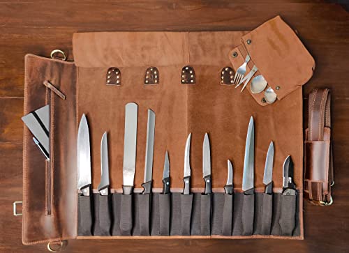 RUSTIC TOWN Leather Knife Roll Storage Bag | Elastic and Expandable 11 Pockets with Tool Pouch | Adjustable/Detachable Shoulder Strap | Travel-Friendly Chef Knife Case Roll (Walnut Brown)