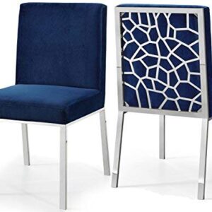 Meridian Furniture Opal Collection Modern | Contemporary Velvet Upholstered Dining Chair with Sturdy Metal Legs and Metallic Geometric Design, Set of 2, Navy, 20" W x 24" D x 39.5" H