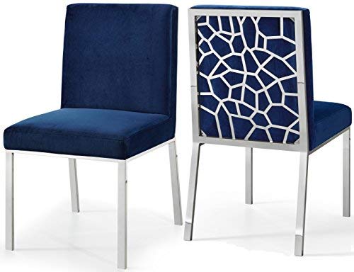 Meridian Furniture Opal Collection Modern | Contemporary Velvet Upholstered Dining Chair with Sturdy Metal Legs and Metallic Geometric Design, Set of 2, Navy, 20" W x 24" D x 39.5" H