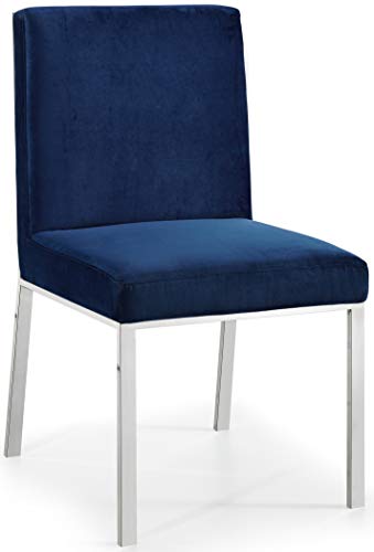 Meridian Furniture Opal Collection Modern | Contemporary Velvet Upholstered Dining Chair with Sturdy Metal Legs and Metallic Geometric Design, Set of 2, Navy, 20" W x 24" D x 39.5" H