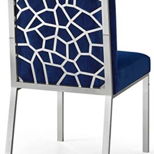 Meridian Furniture Opal Collection Modern | Contemporary Velvet Upholstered Dining Chair with Sturdy Metal Legs and Metallic Geometric Design, Set of 2, Navy, 20" W x 24" D x 39.5" H