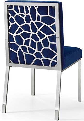 Meridian Furniture Opal Collection Modern | Contemporary Velvet Upholstered Dining Chair with Sturdy Metal Legs and Metallic Geometric Design, Set of 2, Navy, 20" W x 24" D x 39.5" H