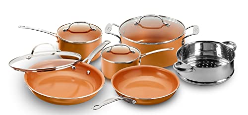 Gotham Steel 10-Piece Kitchen Set with Non-Stick Ti-Cerama Coating by Chef Daniel Green - Includes Skillets, Fry Pans, Stock Pots and Steamer Insert – Copper