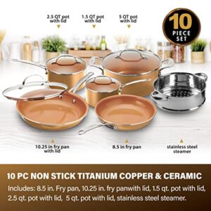 Gotham Steel 10-Piece Kitchen Set with Non-Stick Ti-Cerama Coating by Chef Daniel Green - Includes Skillets, Fry Pans, Stock Pots and Steamer Insert – Copper