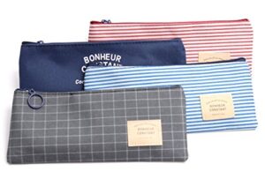 canvas pencil holder 4 pack stripe navy pencil case colored pencil holder organizer plaid cosmetic makeup bag zipper pouch for kids adults girls boys(multicolor)