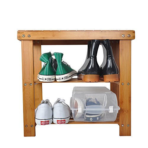 LUCKYERMORE 2-Tier Shoe Rack Bench Seat Entryway Storage Shelf Bamboo Shoes Rack Small