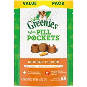 feline greenies pill pockets for cats natural soft cat treats, chicken flavor, 3 oz. pack (85 treats)