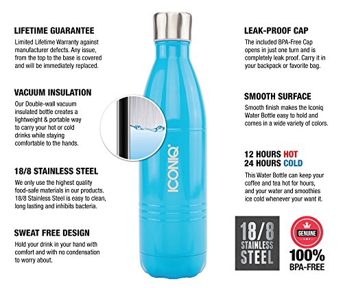 ICONIQ Stainless Steel Vacuum Insulated Water Bottle with Pop Up Straw Cap | 25 Ounce | Gloss Blue