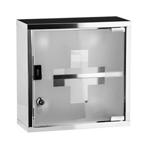 medical cabinet first aid locking door and 2 shelves for medicine & bandages, made of stainless steel & frosted glass. wall mount storage container 12 x 5 x 5 inch.