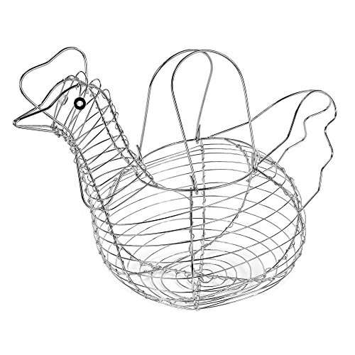 Southern Homewares Chicken Hen Shaped Egg Collection Storage Wire Basket Farmhouse Style Organization Chrome