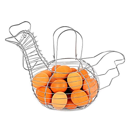 Southern Homewares Chicken Hen Shaped Egg Collection Storage Wire Basket Farmhouse Style Organization Chrome