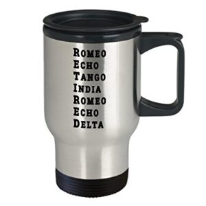 Funny Retired Military Travel Coffee Mug – US Army USA Navy Marine USAF Air Force Coast Guard Retirement - Alphabet Mug Phonetic Armed Force Police Cup