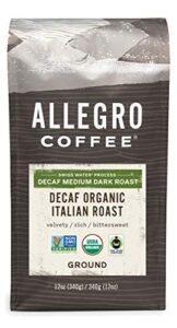 allegro coffee decaf organic italian roast ground coffee, 12 oz