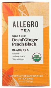 allegro tea, organic decaf ginger peach black tea bags, 20 ct