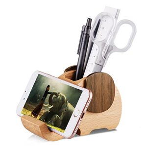 ahfulife wooden elephant cell phone holder/stand with pen&pencil holder/pot, desk decoration multi-functional supplies stationery organizer, birthday graduation gift (elephant pen pot)