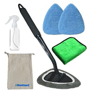 kwokmark windshield cleaner tool car window cleaning wand glass microfiber brush bigger pad thicker softy cloth, with towel spray bottle cloth bag kit ttl 6pcs