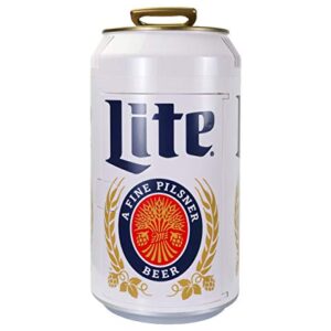 Miller Lite 8 Can Portable Mini Fridge w/ 12V DC and 110V AC Cords, 5.4L (5.7 qt) Beer Can Shaped Personal Cooler, White, Travel Fridge for Beer, Snacks, Lunch, Drinks, Home, Office, Bar, Dorm, RV