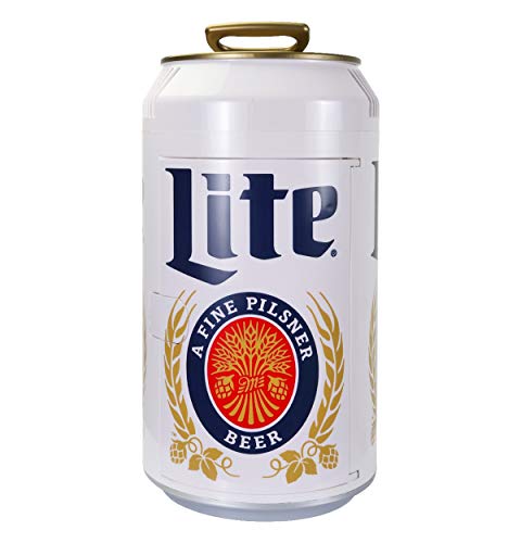 Miller Lite 8 Can Portable Mini Fridge w/ 12V DC and 110V AC Cords, 5.4L (5.7 qt) Beer Can Shaped Personal Cooler, White, Travel Fridge for Beer, Snacks, Lunch, Drinks, Home, Office, Bar, Dorm, RV