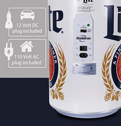 Miller Lite 8 Can Portable Mini Fridge w/ 12V DC and 110V AC Cords, 5.4L (5.7 qt) Beer Can Shaped Personal Cooler, White, Travel Fridge for Beer, Snacks, Lunch, Drinks, Home, Office, Bar, Dorm, RV