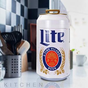 Miller Lite 8 Can Portable Mini Fridge w/ 12V DC and 110V AC Cords, 5.4L (5.7 qt) Beer Can Shaped Personal Cooler, White, Travel Fridge for Beer, Snacks, Lunch, Drinks, Home, Office, Bar, Dorm, RV