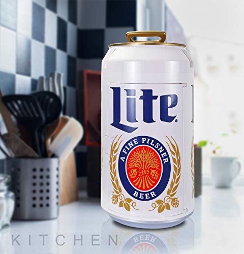 Miller Lite 8 Can Portable Mini Fridge w/ 12V DC and 110V AC Cords, 5.4L (5.7 qt) Beer Can Shaped Personal Cooler, White, Travel Fridge for Beer, Snacks, Lunch, Drinks, Home, Office, Bar, Dorm, RV