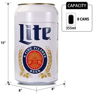 Miller Lite 8 Can Portable Mini Fridge w/ 12V DC and 110V AC Cords, 5.4L (5.7 qt) Beer Can Shaped Personal Cooler, White, Travel Fridge for Beer, Snacks, Lunch, Drinks, Home, Office, Bar, Dorm, RV