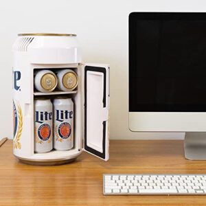 Miller Lite 8 Can Portable Mini Fridge w/ 12V DC and 110V AC Cords, 5.4L (5.7 qt) Beer Can Shaped Personal Cooler, White, Travel Fridge for Beer, Snacks, Lunch, Drinks, Home, Office, Bar, Dorm, RV