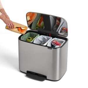 Brabantia Bo Pedal Bin - 3 x 11L Inner Buckets (Matt Steel FPP) Waste/Recycling Kitchen Bin with Removable Compartments - Free Bin Bags