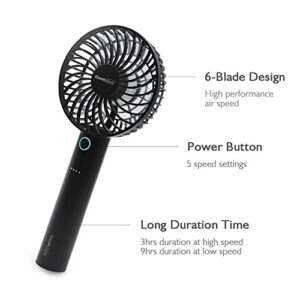 Geek Aire 2600mA Power Bank Fan, Rechargeable Mini Personal Handheld Fan, Lithium-ion Battery, Charging Dock, 5 Speed Settings, Cordless, for Household Office Traveling Outdoor, Charcoal Black