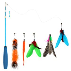 depets cat feather wand, retractable cat wand toy, 5pcs assorted feather refills with bell, interactive cat toy wand for indoor cat and kitten funny exercise