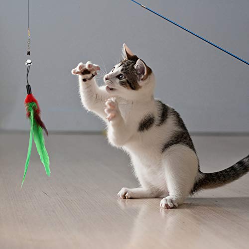 Depets Cat Feather Wand, Retractable Cat Wand Toy, 5PCS Assorted Feather Refills with Bell, Interactive Cat Toy Wand for Indoor Cat and Kitten Funny Exercise