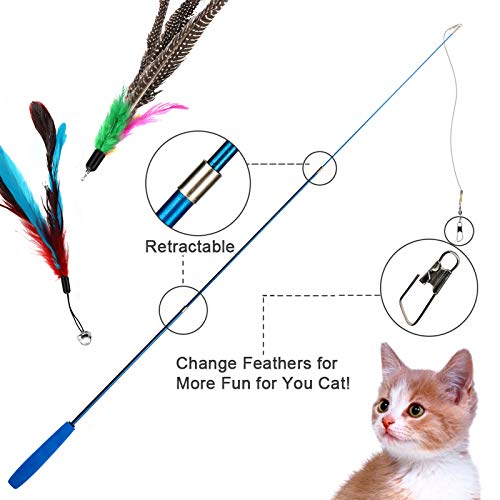 Depets Cat Feather Wand, Retractable Cat Wand Toy, 5PCS Assorted Feather Refills with Bell, Interactive Cat Toy Wand for Indoor Cat and Kitten Funny Exercise