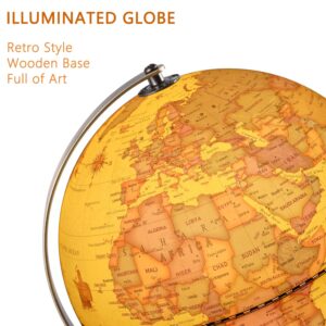 TTKTK Illuminated World Globe for Kids with Wooden Stand,Built in LED for Illuminated Night View Antique Globe for Home Décor and Office Desktop 8inch