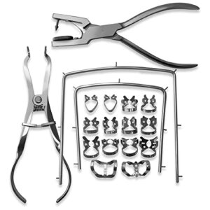 surgical online comprehensive dental rubber dam kit - medical grade stainless steel, rubber dam clamps, punch plier, endodontic supplies, and dental isolation tools.
