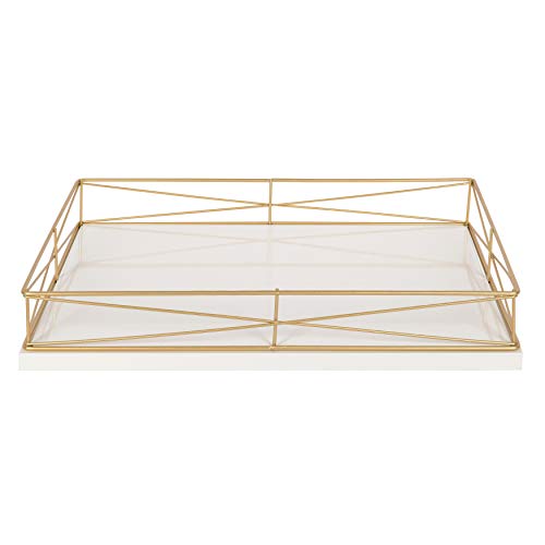 Kate and Laurel Mendel Rectangle Tray with Decorative Metal Rim, 16.5 x 12, White and Gold