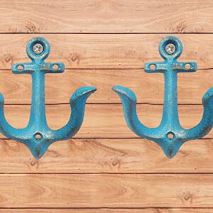 KiaoTime Set of 2 Blue Vintage Rustic Cast Iron Nautical Anchor Design Wall Hooks Coat Hooks Rack, Decorative Wall Mounted Antique Shabby Chic Metal Home Bath Room Towel Coat Hooks Hanger